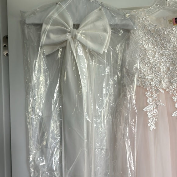 Lace Flower Girl Wedding, Formal, Communion Pink Bow Dress - Picture 7 of 8